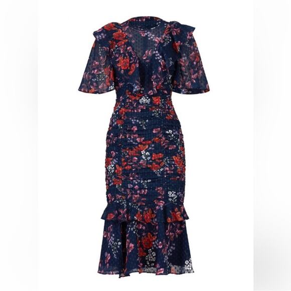 Keepsake Need You Now Navy Blue Red White Floral Ruffle Rouched Midi Dress XS - Picture 10 of 14
